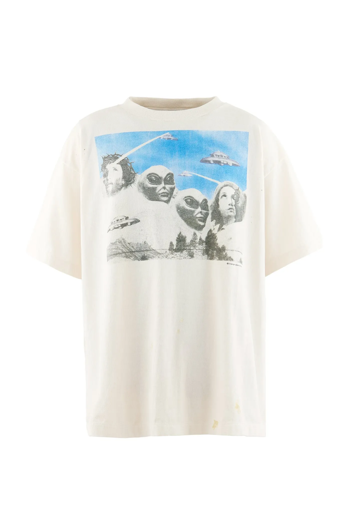 SAINT Mxxxxxx × Sean Wotherspoon SW_SS TEE/KIKI/WHT Alien Crisis/Alien President Mountain TEE Off-White S-XL Super Handsome Co-branded Alien Print Design Correct Version Customized SW Co-branded Accessories Cylindrical Seamless High Weight Fabric Enzyme Heavy Wash Water Distress Handmade Garment Graffiti Splashing Ink